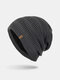 Men Hollow Knitted Plus Velvet Solid Color Geometric Jacquard Warmth Brimless Beanie Hat - Dark Gray