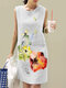 Women Watercolor Lotus Print Crew Neck Sleeveless Dress - White