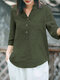 Blusa informal de algodón con bolsillo con botones lisos V Cuello - ejercito verde