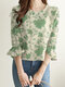 Leaves Print 3/4 Sleeve Crew Neck Casual Blouse - Green