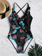 Women Swimsuit Floral Print Criss Cross V-Neck One Piece Swimsuits - Black