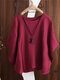 Women Solid Crew Neck Dolman Sleeve Cotton Blouse - Red