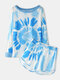 Plus Size Women Tie Dye Print O-Neck Raglan Sleeve Shorts Pajama Sets - Blue