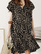 Geo Print Ruffle V-Neck Tulip Short Sleeve Casual Midi Dress - Khaki