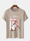 Mens Cat Cherry Blossoms Letter Print Street Cotton Short Sleeve T-Shirts - Khaki