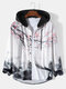 Mens Landscape Ink Painting Print Corduroy Long Sleeve Hooded Shirts - White