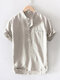 Mens Cotton Linen Stand Collar Slim Fit Short Sleeve Henley Shirt - Beige