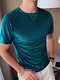 Camisetas casuales redondas de rayas de terciopelo para hombre Cuello - azul