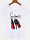 Women High heels Letters Print O-neck Short Sleeve Casual T-Shirt - White