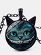 Vintage Geometric Glass Printed Women Necklace Smiling Cat Two Ears Pendant Necklace - Black