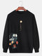 Mens Cartoon Animal Print Cotton Crew Neck Pullover Sweatshirts - Black