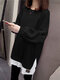 女性パッチワーク裾長袖クルーネックカジュアルスウェットシャツ - 黒