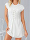Women Solid Color O-neck Knotted Zip Short Sleeve Casual Dress - White