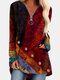 Ethnic Print Patchwork Vintage Long Sleeve Blouse For Women - Red