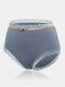 Plus Size Women Cotton Contrast Lace Trim Chevron High Waist Panties - Blue
