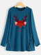 Christmas Cartoon Elk Print Side Button Long Sleeve Blouse For Women - Blue