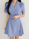 Vestido feminino de lapela sólida manga curta e linha A - azul