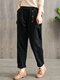 Solid Color Elastic Waist Pocket Corduroy Pants For Women - Black