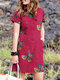 Women Floral Print Lapel Button Front Cotton Cargo Shirt Dress - Rose