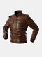 Mens Double Chest Pocket Zipper Front  PU Leather Stand Collar Thick Jackets - Brown