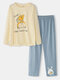 Women Cute Rabbit Letter Print O-Neck Cotton High Low Split Pajamas Set - Beige