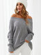 Solid Drop Shoulder Off-shoulder Loose Knit Sweater - Gray