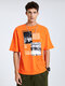 Men 100% Cotton View Of City And Slogan Printed T-shirt - Orange