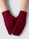Unisex Knitted Solid Color Screen Touchable Double-faced Velvet Thick Warmth Full Finger Gloves - Red