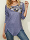 Calico Print O-neck Long Sleeve Irregular Hem T-Shirt For Women - Purple