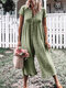 Solid Color Button Casual Wide Legs Short Sleeve Jumpsuit - Army Green