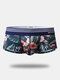 Mens Floral Print Sexy Boxer Briefs Striped Waistband Cotton Breathable Underwear With Pouch - Dark Blue