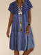 Polka Dot Stripe Plaid Print Patchwork Short Sleeve Dress For Women - Blue