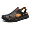 Men Hand Stitching Two Ways Non Slip Casual Leather Sandals - Black