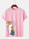 Mens Japanese Style Cat Print Crew Neck Cotton Short Sleeve T-Shirts - Pink