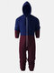Men Plus Velvet Thick Track Onesies Contrast Color Two Way Zipper Hooded Loungewear Jumpsuit - Navy