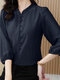 Women Solid Texture Frill Neck Casual 3/4 Sleeve Shirt - Dark Blue