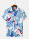Camisas hawaianas con cuello de solapa y estampado de hojas tropicales para hombre - azul