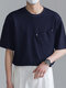 Camiseta masculina sólida de manga curta com bolso grande - Azul escuro