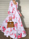 Flower Print Lantern Sleeve Ruched Maxi Dress - Pink
