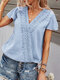 Lace Patchwork Solid Color V-neck Short Sleeve Blouse for Women - Blue