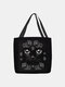 Women Black Cat Floral Pattern Print Shoulder Bag Handbag Tote - Black
