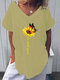 Butterfly Flower Print Short Sleeve Casual T-shirt For Women - Khaki