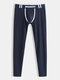 Men Plain Long Johns Warm Comfortable Patchwork Nightwear Thermal Underwear - Dark Blue