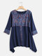 Ethnic Print Patchwork Long Sleeve Vintage Blouse For Women - Navy