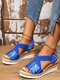 Large Size Cross Elastic Band Retro Ethnic Pattern Wedges Sandals For Women - Blue