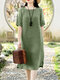 Women Solid Split Hem Casual Cotton Short Sleeve Dress - Green