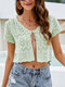 Solid Tie Front Knit Hollow Short Sleeve Crop Top - Green