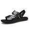 Men Embossing Comfy Non Slip Two-ways Casual Beach Leather Sandals - Black