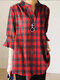 Plaid Ruffle Sleeve V Neck Casual Blouse - Red