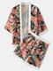 Mens Crane Floral Print Open Front Loose Kimono Two Pieces Outfits - Black
